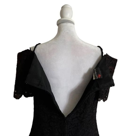 Vintage 80s Nite Scarlett Black/Purple Lace Off Shoulder Sheath Dress US 13-14 - Picture 6 of 9
